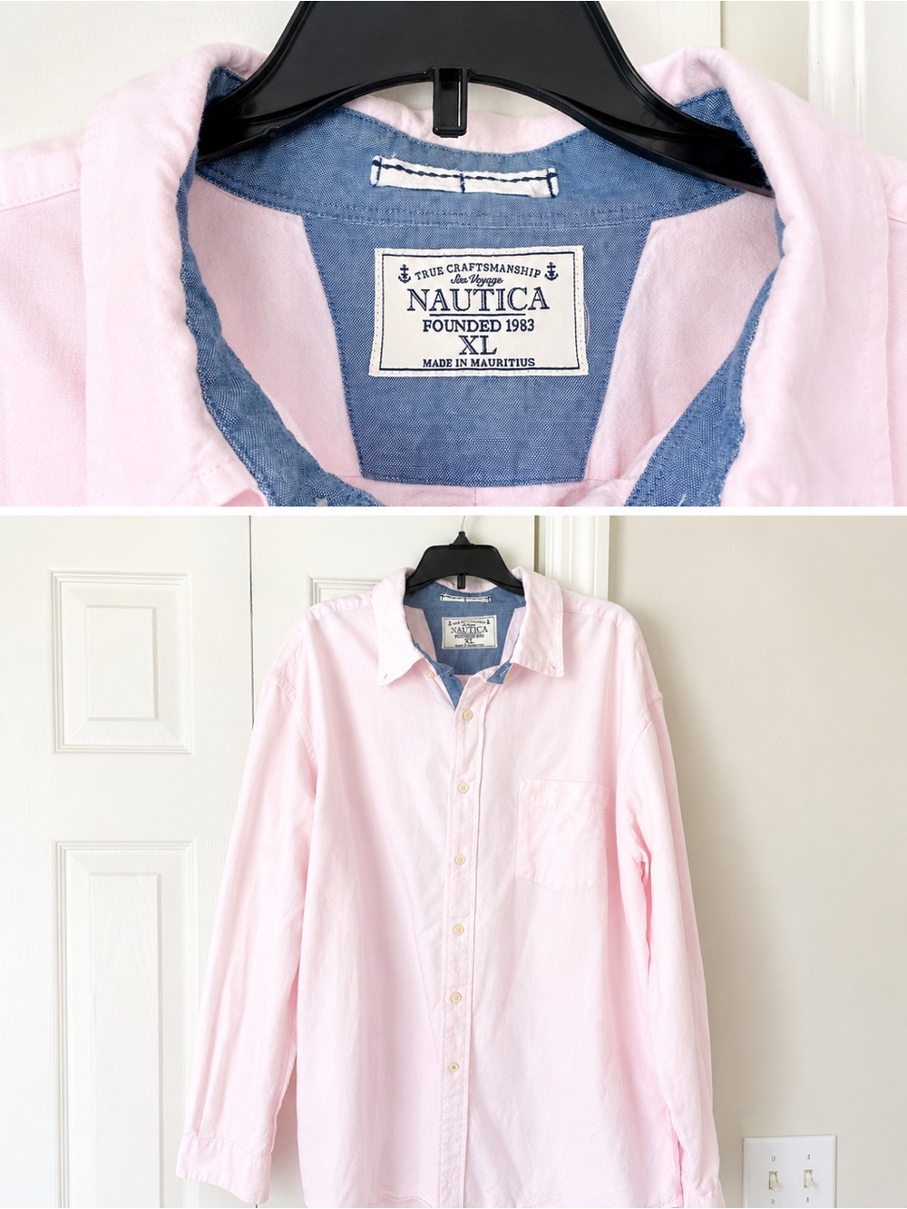 Nautica Men’s Pink Oxford Button Down Shirt XL Blue Chambray Trim Coastal Prep